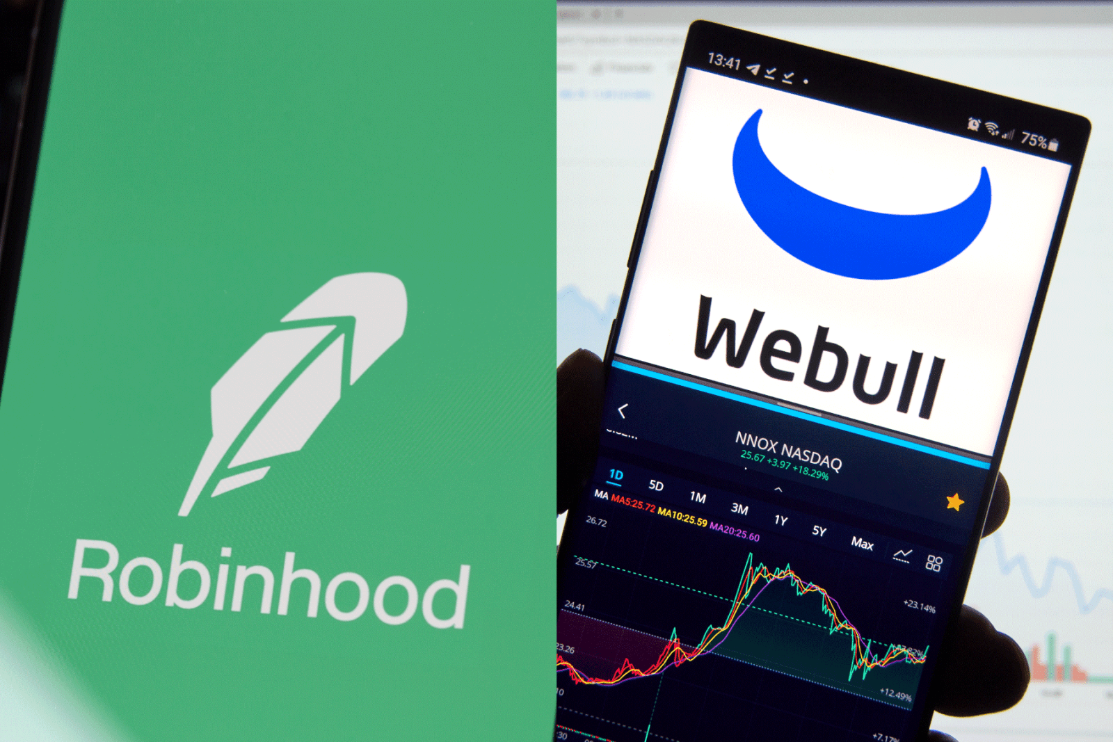 Collaged photo of Robinhood and WeBull